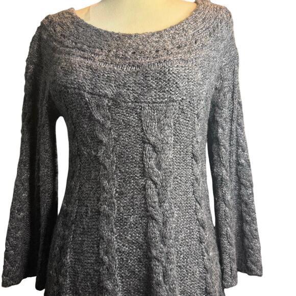 Free People Gray Cable Knit Sweater Dress, A-Line, Bell Sleeves, Wool, Small - Picture 3 of 8
